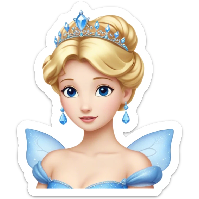 Cinematic Stunning Cinderella Portrait Emoji, Radiant in her sparkling blue ball gown, golden hair in a perfect updo, soft blue eyes full of wonder, glistening tiara, glowing with an ethereal beauty, regal yet kind, a dreamlike aura surrounds her, capturing the essence of a fairy tale princess, elegant and breathtaking! sticker
