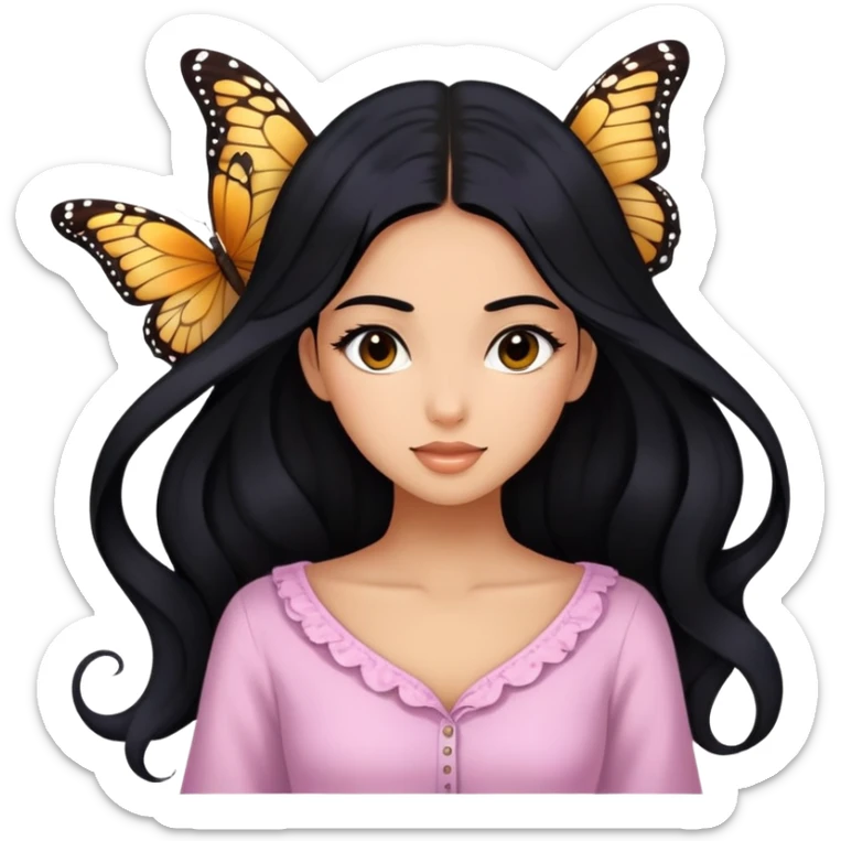 Gadis cantik dengan rambut panjang gaya kupu-kupu dan rambut hitam, berkulit kuning langsat, berwajah cantik & manis, serta memakai pakaian feminim sticker