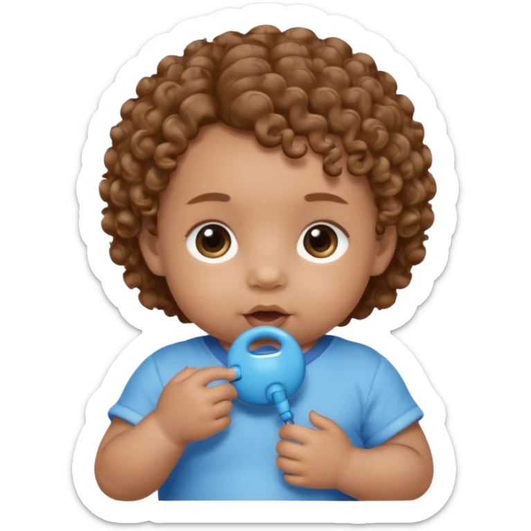 A baby with light brown skin, soft curly light-brown hair, wide brown eyes, and a blue pacifier.  sticker