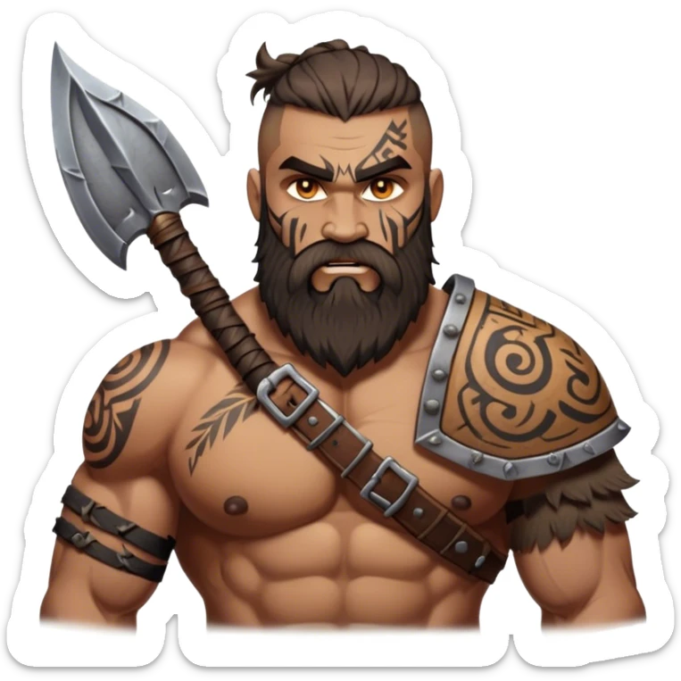 Clash of Clans aesthetic: Cinematic Rugged Barbarian Portrait Emoji, Intense and formidable with a heavily muscled physique, a rugged beard, piercing eyes, and battle-worn armor adorned with tribal markings, his face showcasing a realistic tan skin tone, Simplified yet powerfully detailed features, highly detailed, glowing with a deep, primal energy, high shine, gritty and uncompromising, stylized with an air of raw, untamed power, focused and determined, soft glowing outline, capturing the essence of a barbarian warrior carved by countless battles and poised to lead his clan into epic conflict! sticker