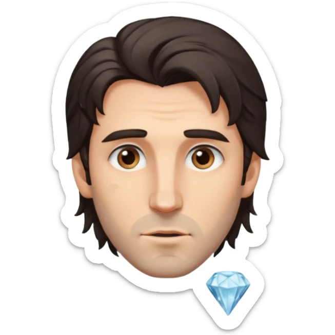 Handsome white man with big brown eyes long nose and dark brown messy hair cover his forhead and hair coming in eyes diamond facecut sticker