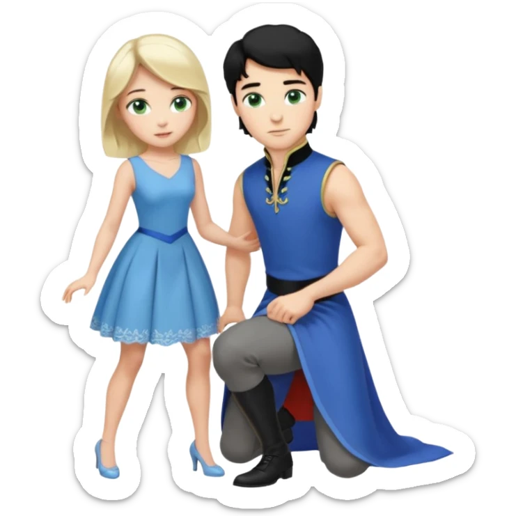 prince, black hair, blue eyes, blue garment,  Woman, blonde Hair, green eyes, bending knee, sleveless white dress, sticker