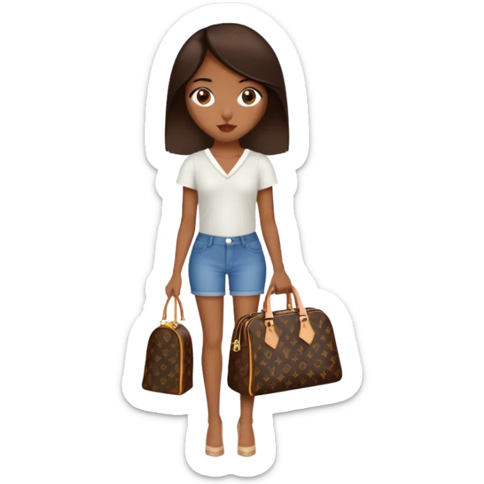  Brown girl with dark brown medium straight hair carrying one Louis Vuitton purse on her arm while standing  sticker