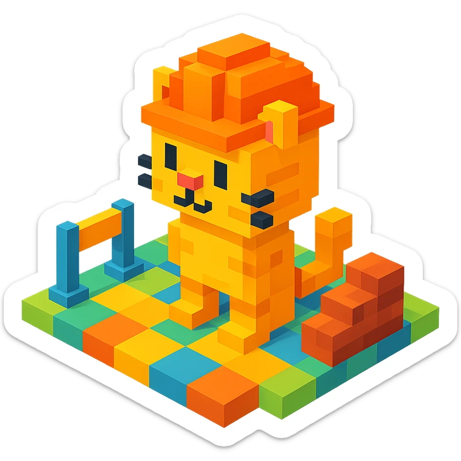 cat in orange safety helmet standing on a construction site in voxel style sticker