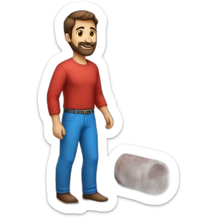 A man with a red shirt and blue pants and mesh shoes with a Persian carpet in his hand sticker