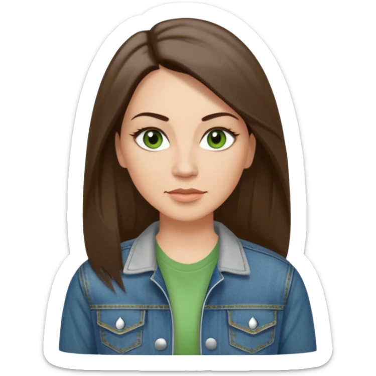 43 year old Adult woman avatar, light skin tone, long, oval face, long straight ashy brown hair, green almond-shaped eyes with dramatic eyelashes and minimal eyeliner, neutral mouth, medium straight eyebrows, small nose, smooth skin,  white t shirt, denim jacket sticker