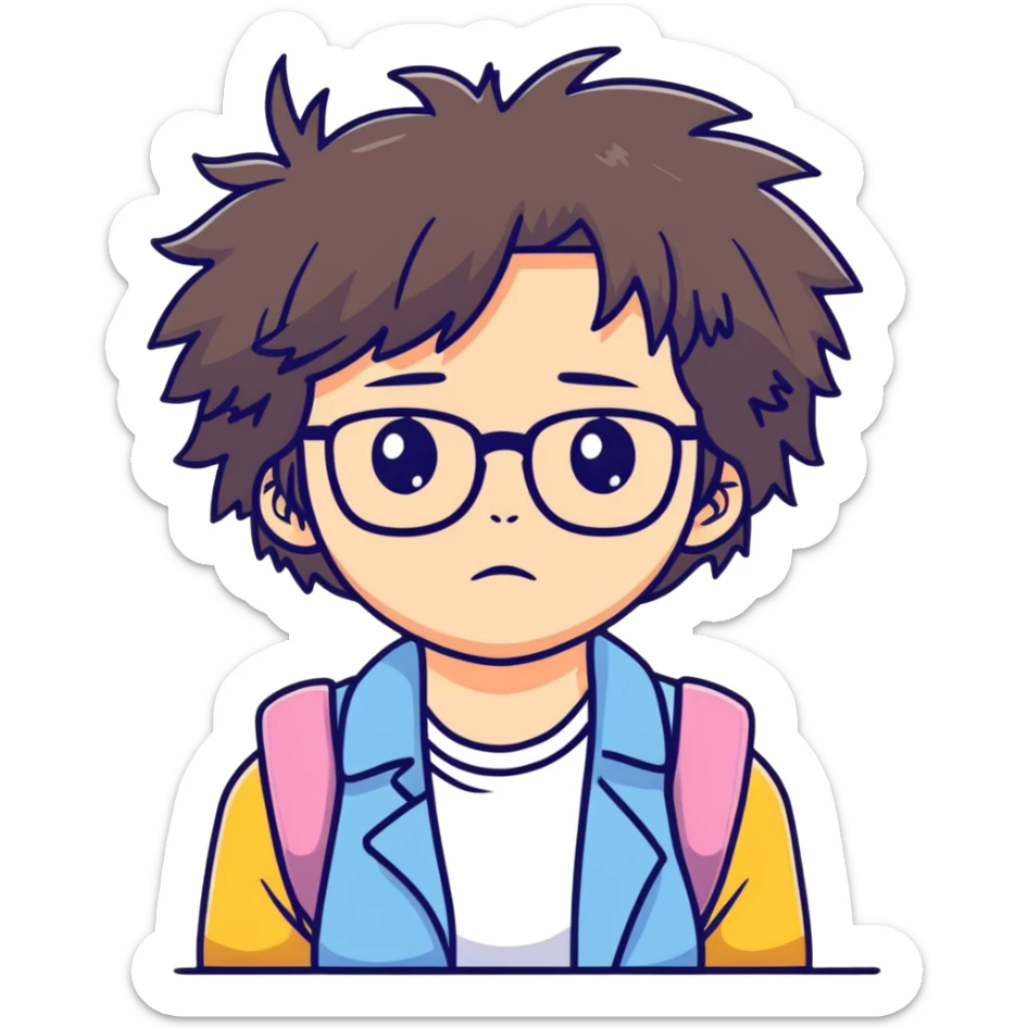 Girl with glasses with messy hair, making a cranky face, refusing to wash her hair sticker