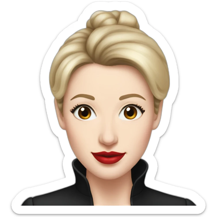 Elizabeth Holmes, theranos, black turtleneck, red lipstick, hair in bun, holding vial sticker