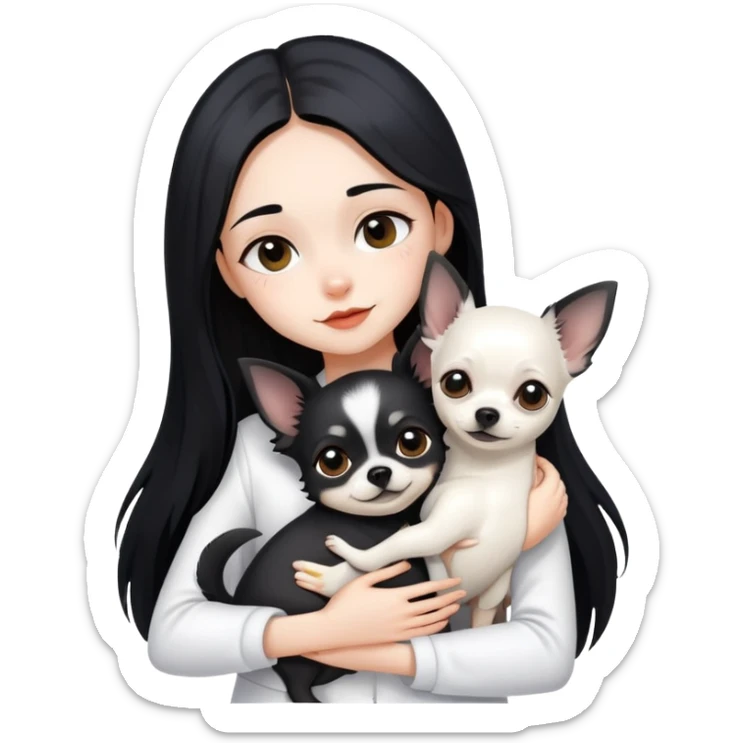 Fair skin girl - long black hair - white clothes - hugging a black chihuahua sticker
