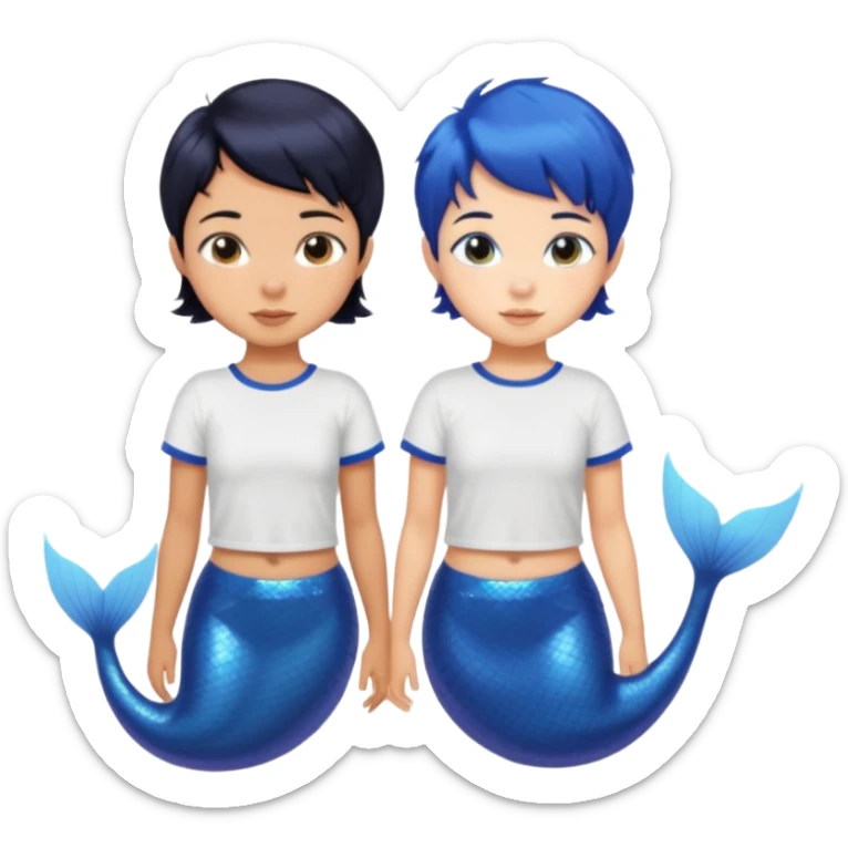 tanned skin, black haired, sibling mermaids, one with short hair and the other with pixie cut. both wearing t shirts with blue tails sticker