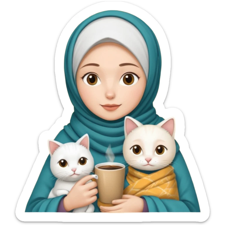 hijap bayan elinde kahve ve battaniyesi ve kucagında beyaz kedi sticker