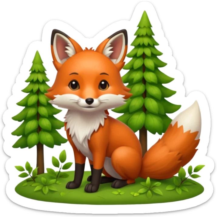 Still life, An adorable furry hyperrealistic Mirco-detailed red fox, in a lush green forest, with many different types of trees and leaves, 4k. Dpi 300. Must not be low quality, must not be low resolution, no emoji faces, no emoji icons. sticker