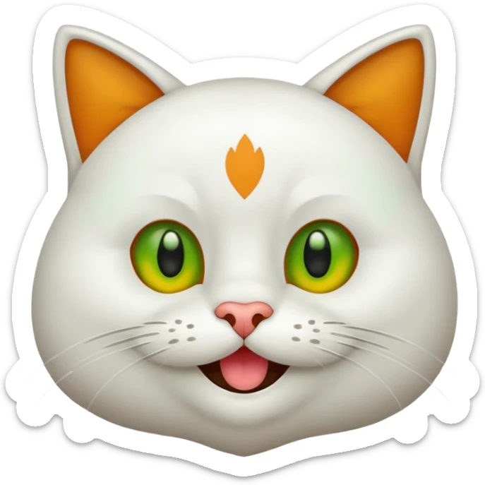 Realizar emoticonon de gato blanco con tonos gris claro solo carita sonriendo muy feliz ojos grandes de color verde con amarillos y bigotes largos  sticker