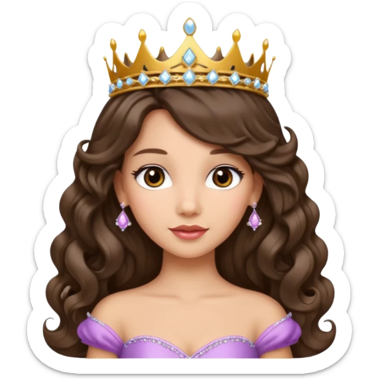 Princess with long glam curled hair, dark brown eyes, light skin tone.  sticker
