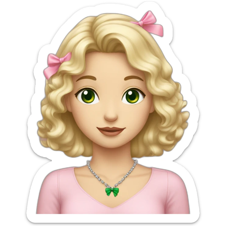 Blonde wavy girl with brown eyes carrying a grey cat that has green eyes and a pink bow in her necklace sticker
