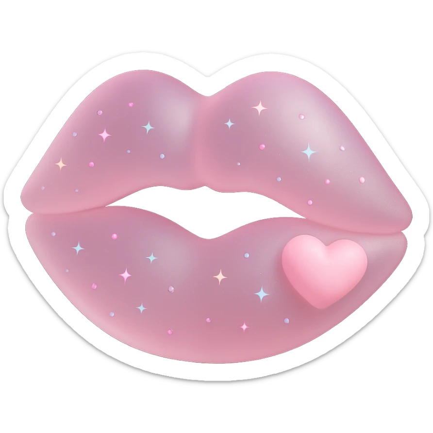 Add a small pastel pink heart accent to the 3D pastel pink kiss mark with sparkles, keep the background transparent. sticker