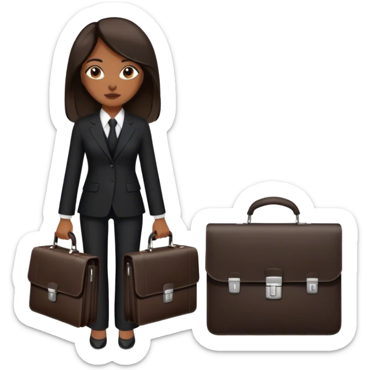 dark brown woman with dark brown shoulder length straight hair in a black pant suit executive with briefcase sticker