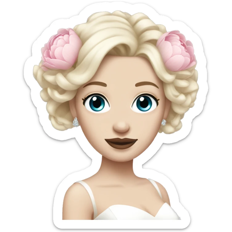 White bride with long light blonde hair and blue eyes with light pink peonies in hair white skin  sticker