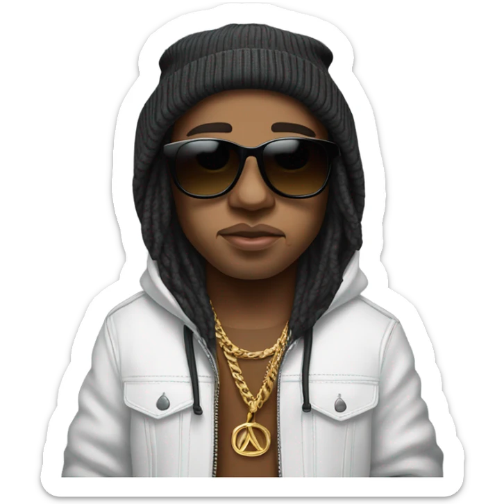 Rapper babytron with long hair, Cartier sunglasses, and a beanie  sticker