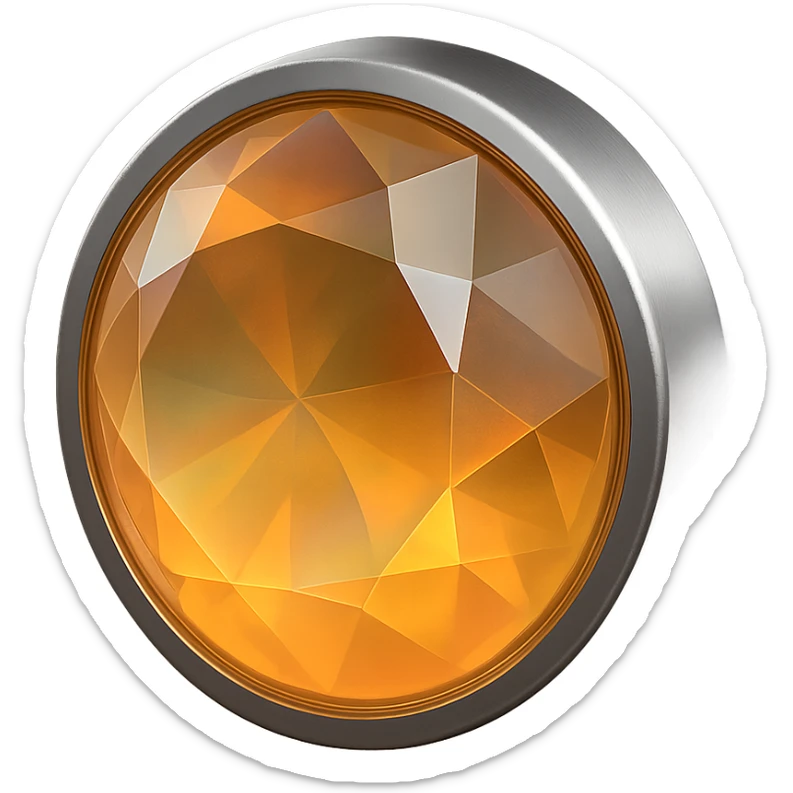 extreme close up of a round cut holographic amber charm with silver metal accent sticker