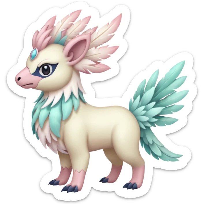 Floral feathery pastel pink beige seafoam-colored Absol-Amaura-fusion-Fakemon-animal-creature  sticker