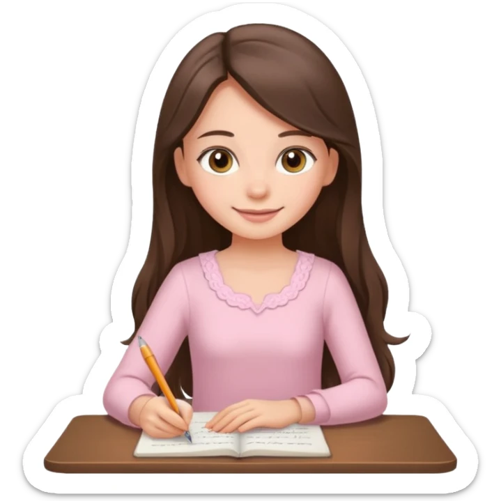 pretty smiling long brunette hair girl with hazel eyes wearing light pink dress writing sticker