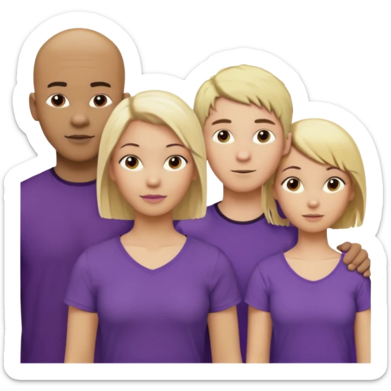 5 person team; 2 men and 3 women.  All dressed in yellow or purple.  1 caucasian woman with blonde mid length hair. 1 caucasian woman with blonde short length hair. 1 caucasian woman has ash blonde hair tied up. 1 man is African-american and bald, 1 man is caucasian and very little hair left.  
 sticker