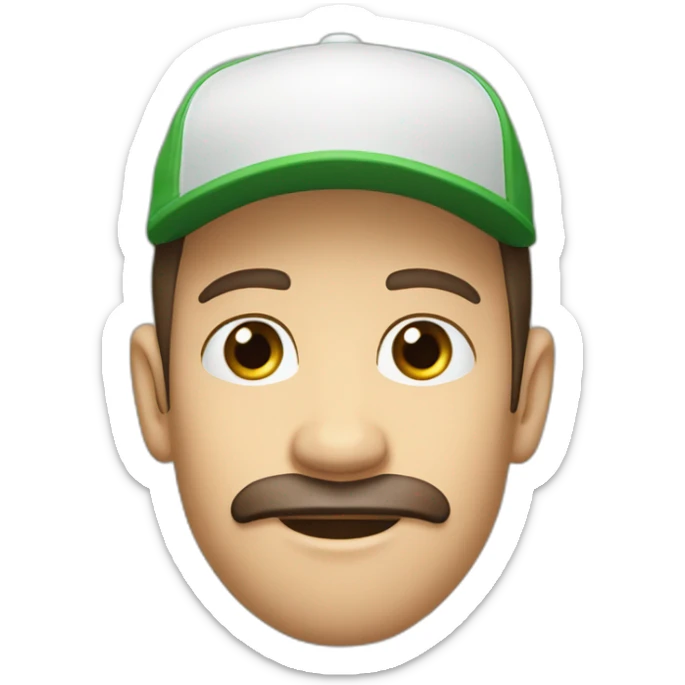 Male, thin face, dark brown beard 10cm long and reaching up to the nose, protruding ears, green eyes, cap. sticker