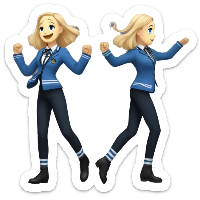Good time blonde enid sinclair from Nevermore academy in blue and black vertically striped school uniform dancing to music  sticker