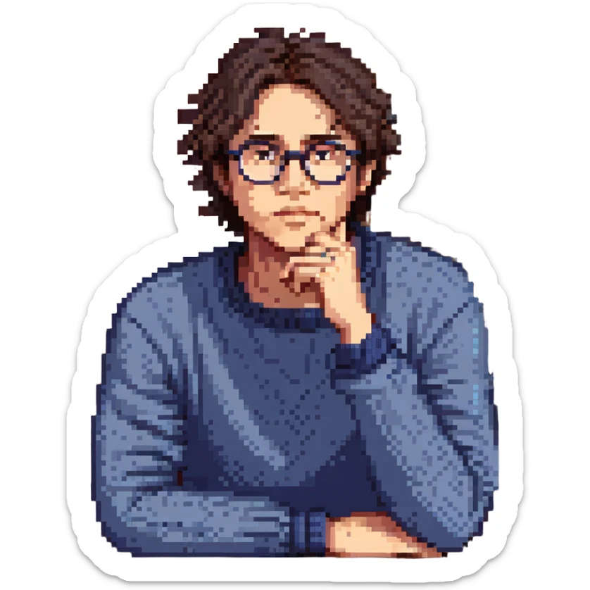 Flat pixel are, calm and curious male thinker, light skin, short tousled dark hair, round glasses, focused expression, wearing an indigo sweater, seated at a desk with open books, one hand resting under his chin in thought, waist-up, front-facing sticker