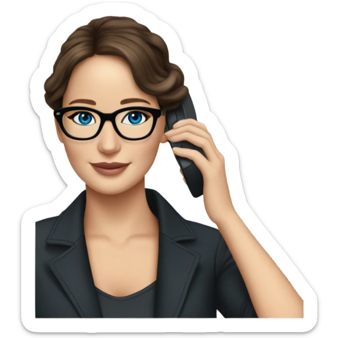 Realistic Photo of Brunette Jennifer Lawrence wearing black glasses and blue eyes talking on the phone  sticker