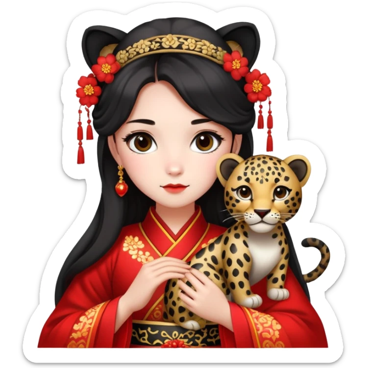A beautiful girl in red Hanfu wedding dress is holding a black leopard sticker
