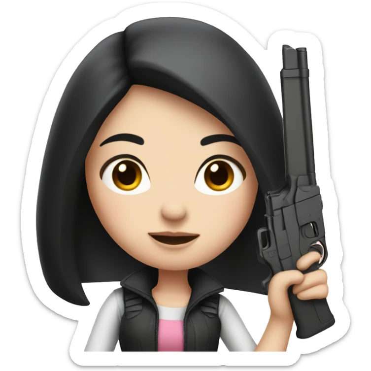girl with black hair and pale skin holding a pink gun sticker