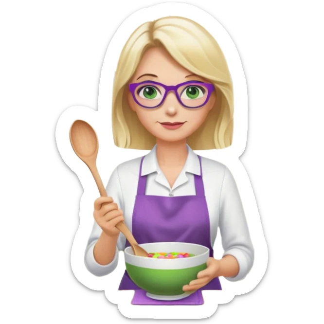 middle aged woman with shoulder length blonde hair, purple glasses, green eyes, flower apron, holding a bowl and mixing spoon sticker