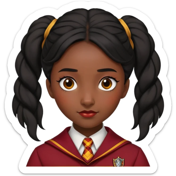 alicia spinnet in harry potter, wear hogwarts gryfindor uniform, black bun hair, black skin sticker