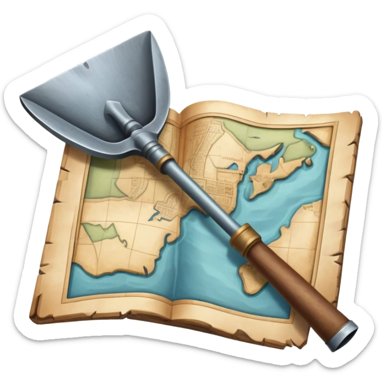 An icon showing a close-up of a shovel, an ancient vessel, and a weathered map, symbolizing archaeology. The design highlights the tools of discovery and the excitement of unearthing historical artifacts. Transparent background emphasizes the focus on the objects. sticker