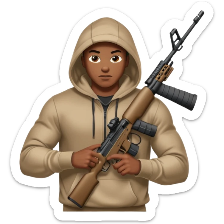 
Fais moi un jeune afro américain qui ressemble a un gangster qui tient une AR15 avec un hoodie a capuche, capuché, avec la cagoule nike therma fit hood sticker