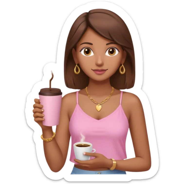 a pretty fair indian bratz girl with brown hair. with a pink cami top, drinking takeaway brown coffee, golden dainty necklace and carrying a white macbook sticker