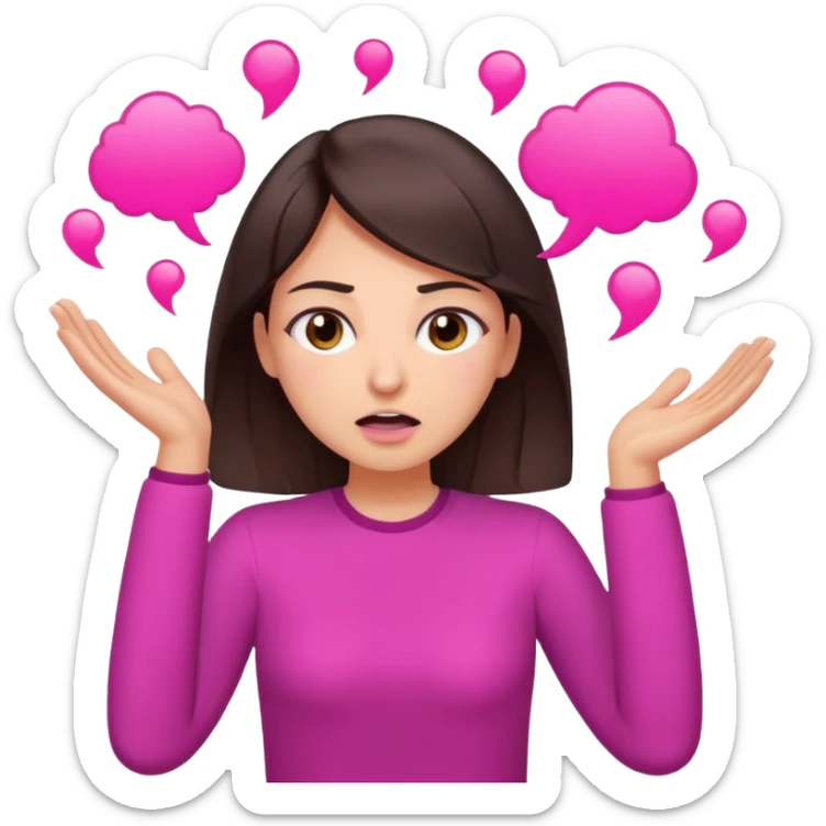 Social media manager. She has dark brown hair, brown eyes, exhaling deeply, hands slightly raised showing frustration. Use vibrant colors with a focus on pink and fuchsia tone sticker