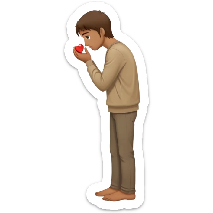 a man with brown hair staying in a
full height in profile with anxiety and begging face with a broken heart sticker
