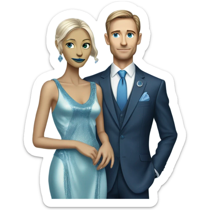 alien reptilian woman in long slim pastel blue formal party satin dress with gradient shiny sparkling navy blue diamonds embroidered , and caucasian man in black dress sticker
