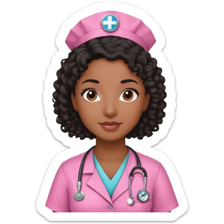 Black woman nurse brown skin pink scrubs with rn badge curly black hair  sticker