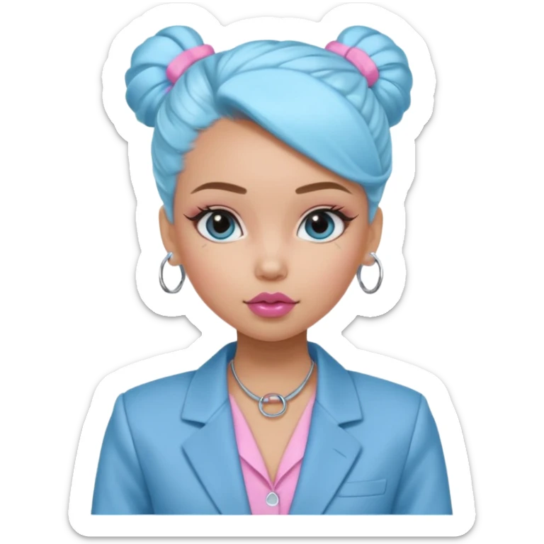 generate a pretty bratz girl wearing a light blue full sleeve shirt, silver small hoops, pink lipgloss, black blazer, hair tied up sticker