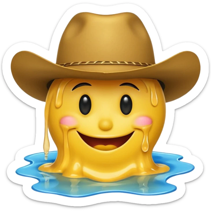 A yellow smiley face melting into a puddle. 

The eyes and mouth slip down the face, yet still maintain a distorted smile. The face is wearing a cowboy hat. sticker