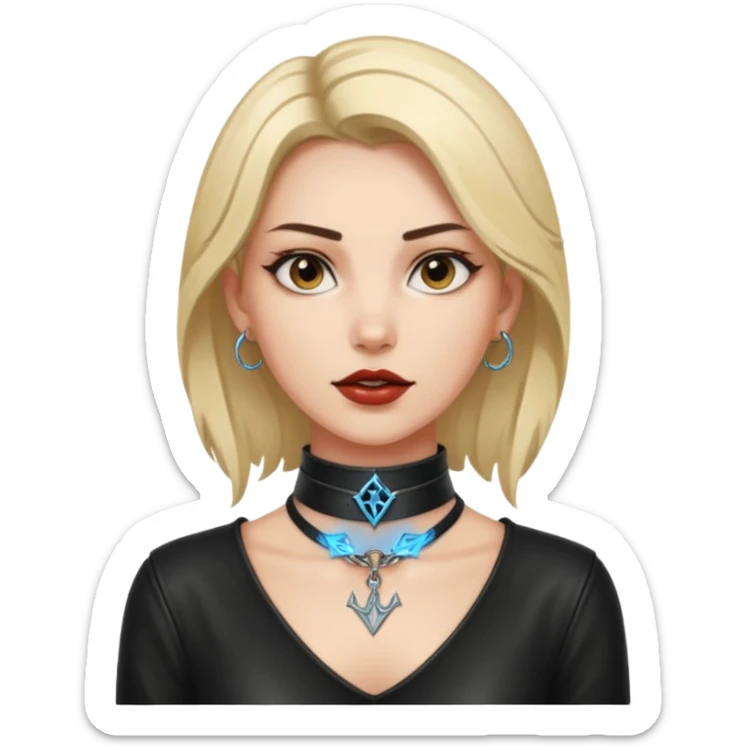 Leather choker with sigil around woman’s neck, pulse visible, dominance tone sticker