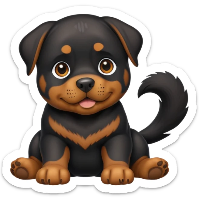 cinematic-[rottweiler]-realistic-full-body-sitting-emoji,-tail-resting-loosely-beside-its-paws,-head-tilted-dramatically, -sleek-[Black and brown]-fur,-simplified-yet-realistic-focused-features,-highly-detailed,-glowing-with-an-almost-sarcastic-glow sticker