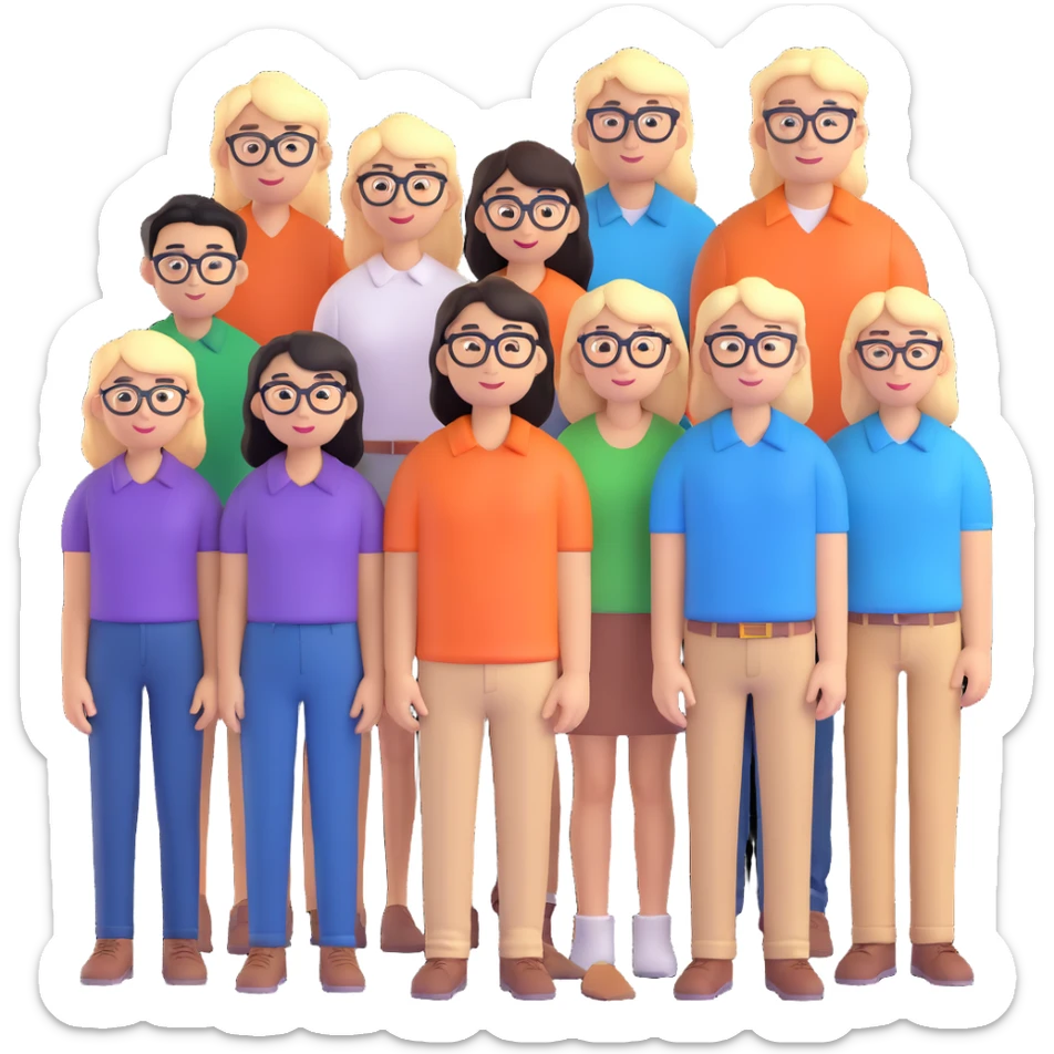8 people, 5 of which are girls, one with glasses, another Asian, another short, and four guys, one tall and blond, the other two with long hair and one tall and of average build sticker