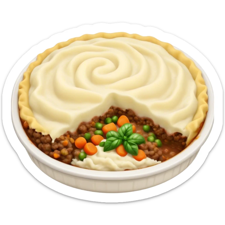 Cinematic Realistic Shepherd's Pie Dish Emoji, depicted with rich, savory minced lamb and vegetable filling topped with creamy mashed potatoes, rendered with exquisite detail and natural warm lighting that highlights its homestyle appeal. sticker