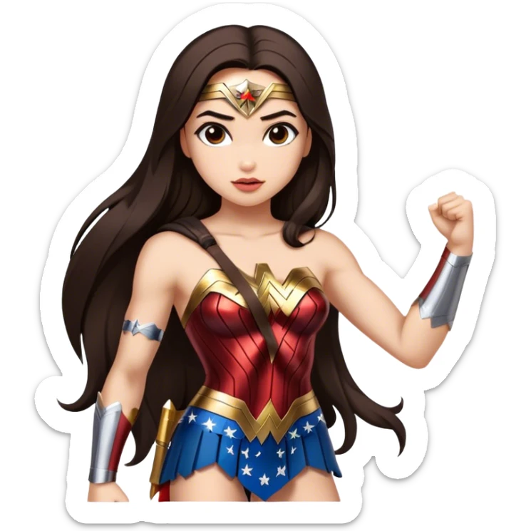 Create a girl with long dark brown straight hair that looks like wonder woman of the social media world sticker