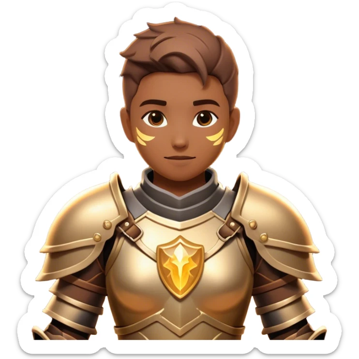 Clash of Clans aesthetic: Cinematic Playful 3D Isometric Armor Portrait Emoji, rendered in a 3D vector-style similar to standard emojis with minimal shading and bold, simplified shapes. A compact, distinct form with signature details, softly glowing with a fantasy RPG magic charm. Simplified yet unmistakably iconic, highly detailed and consistent, glowing with a soft radiance and high shine. Stylized with a touch of heroic grandeur and a soft glowing outline, capturing the essence of a beloved gaming relic with a friendly, playful manner! sticker